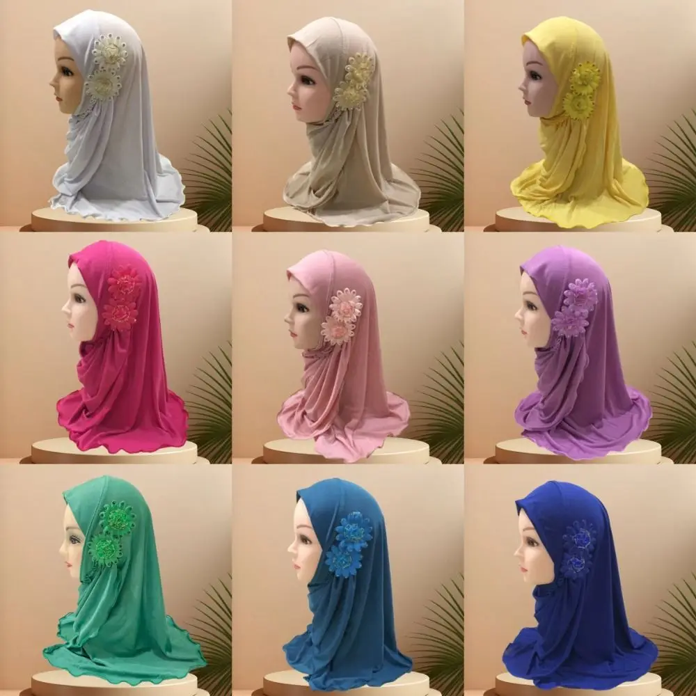 

Solid Flowers Head Children Hijabs Elastic Turban Girls Muslim Hijab Prayer Hat Head Wrap 50cm Islamic Scarf Shawls