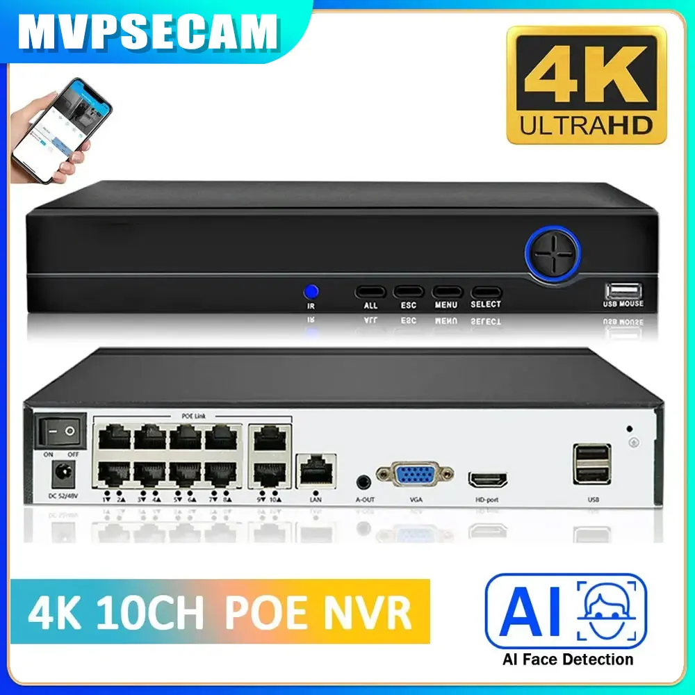 Mvpsecam 8MP CCTV Security System Face Detection 10CH 4K POE NVR for  H.265+ Network Audio Video Network Recorder Xmeye pro P2P