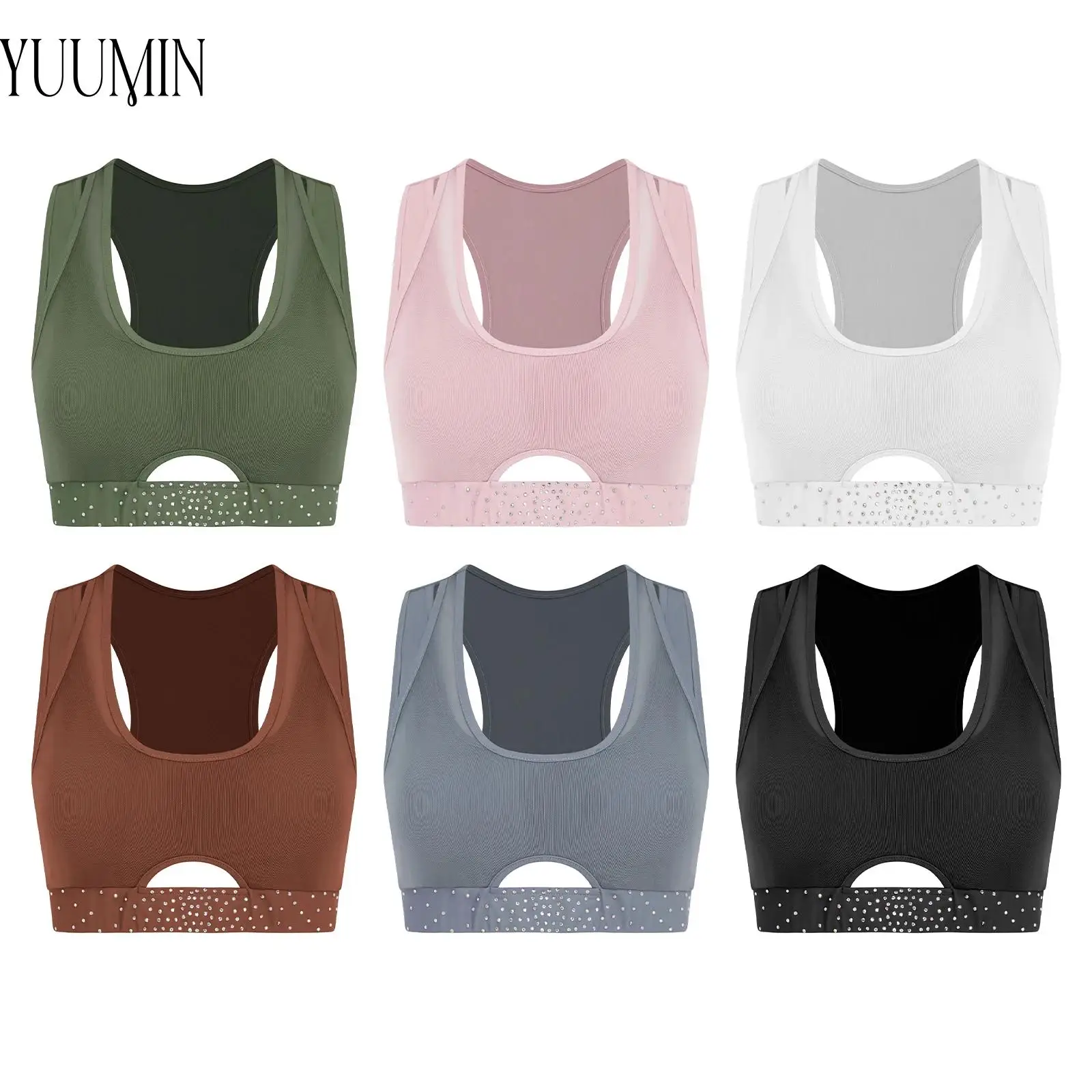 

Womens Sports Yoga Bra Shiny Rhinestones Elastic Hem Cropped Tank Top Sheer Mesh Overlay Keyhole Front Vest for Workout Running