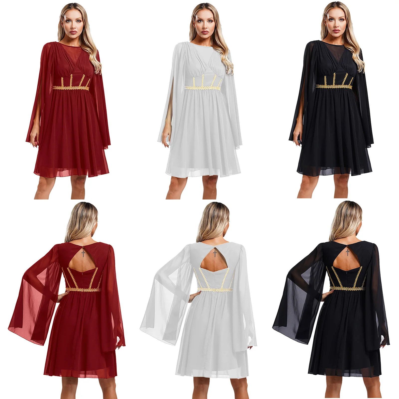 Women Halloween Greek Beauty Dress V Neck Split Sleeve Built-in Pad Gold Lace Trim Chiffon Dress for Dress-up Party