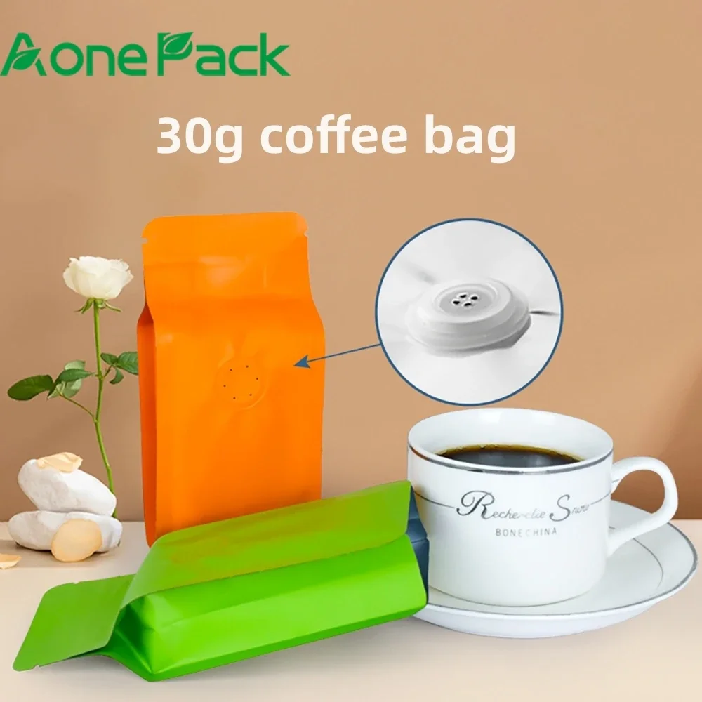 

100pcs Heat Seal Side Gusset 30g Coffee Bean Powder Bag with Valve Aluminum Laminated Foil Four Side Seal Dry Food Storage Bag