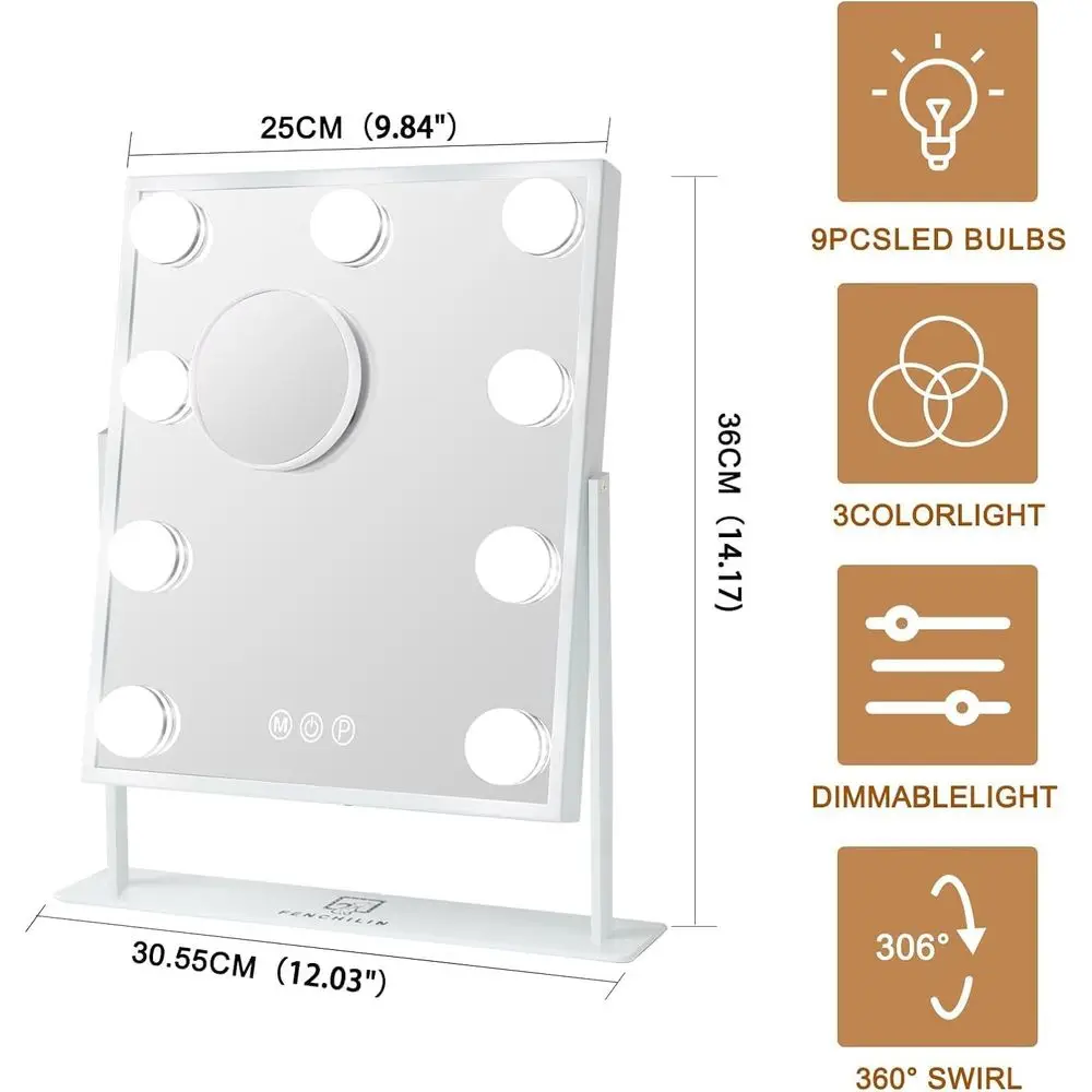مرآة زينة مضيئة مع 360 درجة ° دوران، تكبير 10X، تحكم باللمس، 3 ألوان LED، قابل للفصل، أبيض #2