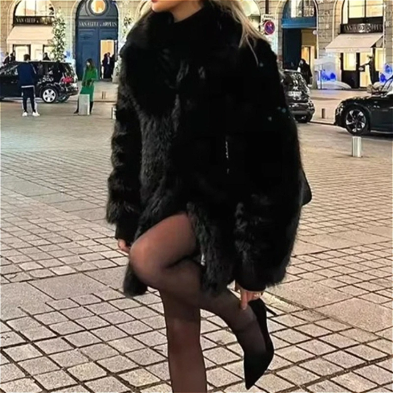 Faux Fur Women Mid Length Coats Jackets Turn Down Collar Coat Thick Warm Y2k Streetwear Jacket Elegant Solid 2026 Autumn Winter