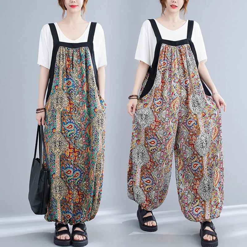 

Retro Print Bib Overalls Women's plus Size Summer Casual Loose Fashionable Lantern Pants Color Block One-Piece Long Trousers