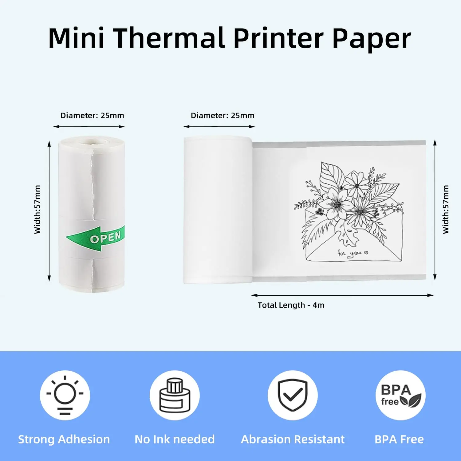 10 Rolls Mini Thermal Printer Sticker Paper,Photo Printer Thermal Paper Rolls Instant Camera Refill Paper, Mini Printer Sticker