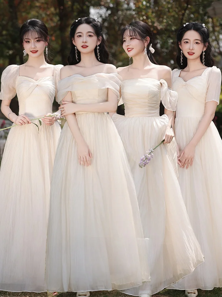 

Новое платье цвета шампань для подружек невесты 2026 года, корейская версия, с пышной юбкой, средней талией, длинное, для свадебных торжеств