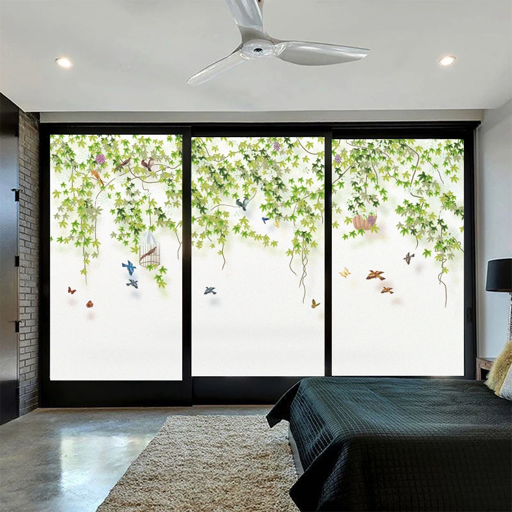 Non-glue Detachable Privacy Window Frosted Film Green Vines Pattern Sun Blocking Bathroom Glass Door Window Decorative Film