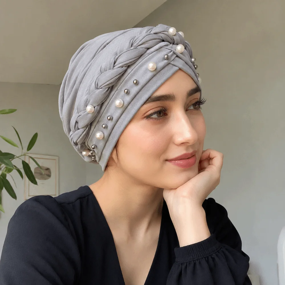 New Pearl Bead Pre-Tied Twisted Hijab Solid Color Lightweight Imitation Pearl Turban Hat Breathable Soft Head Scarf Cancer Chemo