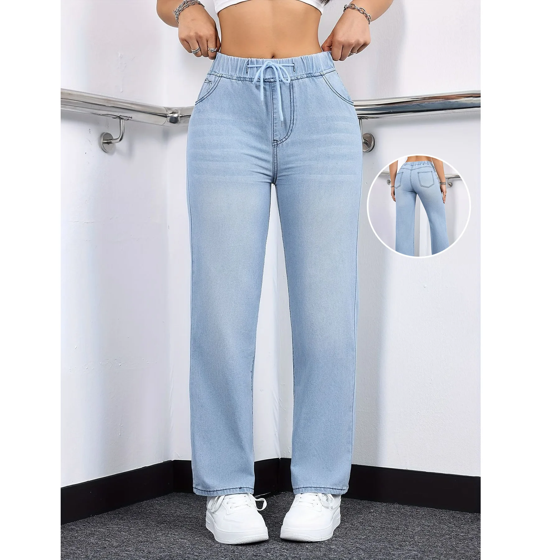 

2026 Trendy Luxury Women's Casual Washed Drawstring Stretch Straight Leg Jeans Fashion Y2k Streetwear All Match Daily Outfits