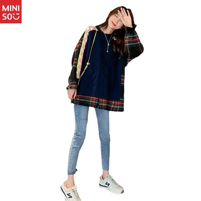 Miniso 2025 Oversized Sweater Dress, Shirt Patchwork Knit, Plus Size Long Lazy Top