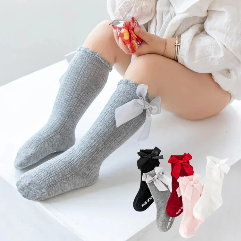 Spring Autumn Children Baby Girls Boys Big Bow Knee High Socks Princess Home Mid Calf Sock Kids Toddler Floor Non-slip Stockings