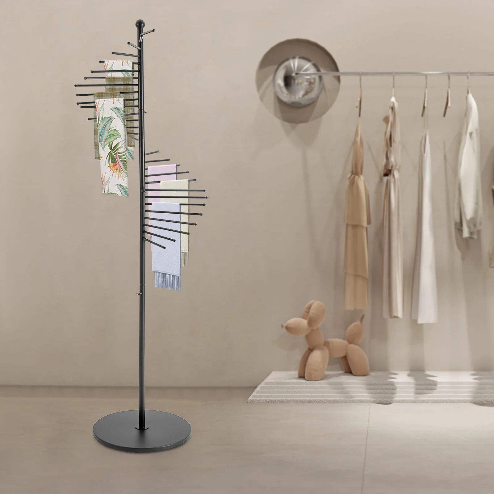 

Современная витрина для черных спиральных шарфов — напольный органайзер для шарфов для розничного магазина — высота 5,58 футов со стержнями 9,84 дюйма