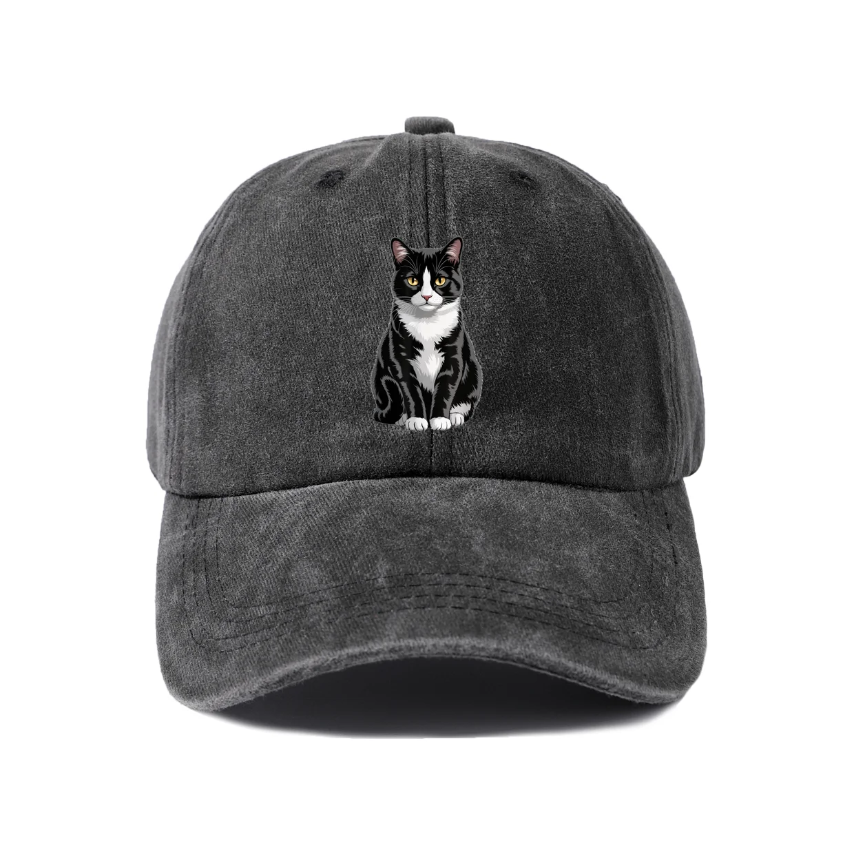 Vintage Washed Tuxedo Cat Portrait Baseball Cap, Adjustable Unisex Dad Hat, Cute Cat Lover Gift