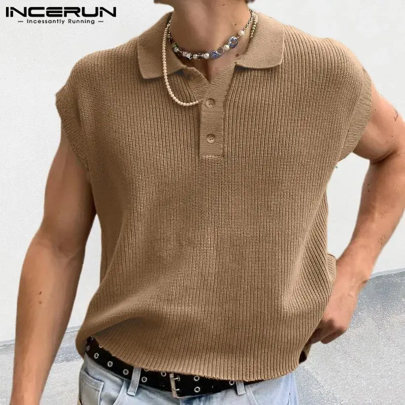 INCERUN Men Shirt Solid Color Knitted Summer Lapel Sleeveless Casual Men Clothing Streetwear 2024 Fashion Leisure Male Shirts