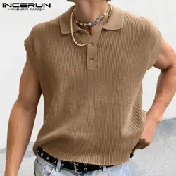 INCERUN Men Shirt Solid Color Knitted Summer Lapel Sleeveless Casual Men Clothing Streetwear 2024 Fashion Leisure Male Shirts