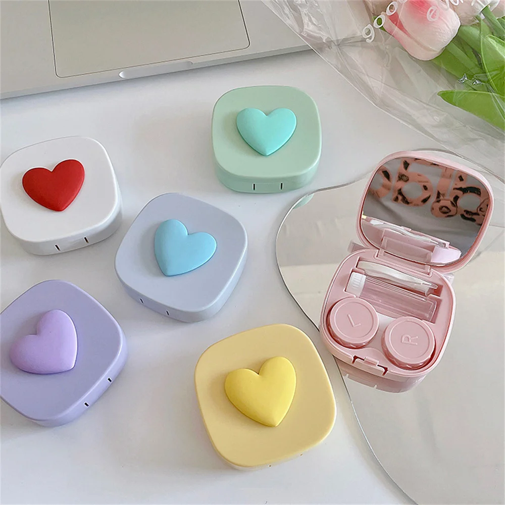 New Cute Contact Lenses Case Heart Design Travel Lens Box Set With Mirror Eye Lenses Holder Container For Cosmetic Contact Lens