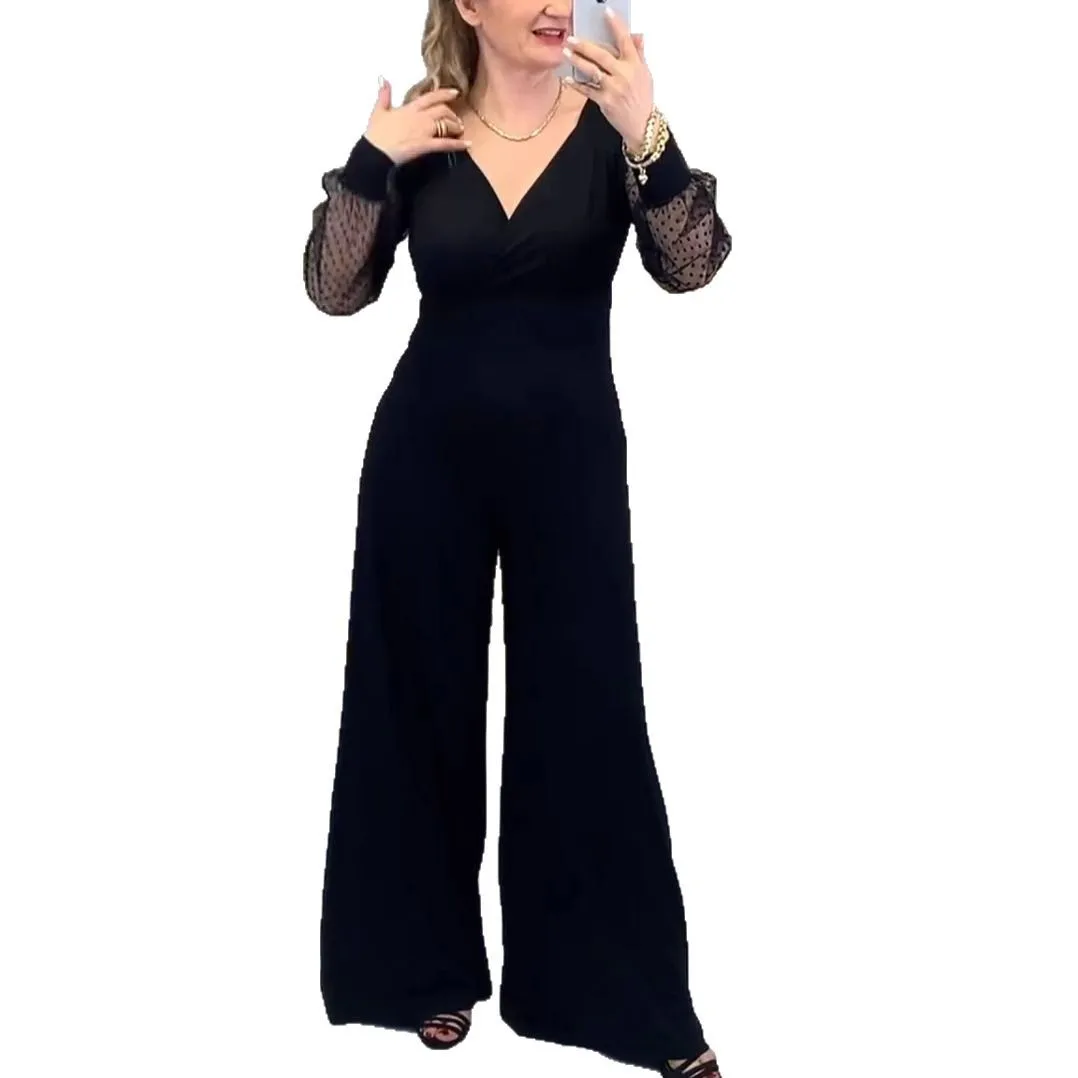 ジャンプスーツ女性ワンピースワイドレッグパンツ V ネックガーゼ長袖タイトウエストストレートズボン 2025 オフィスレディオーバーオール