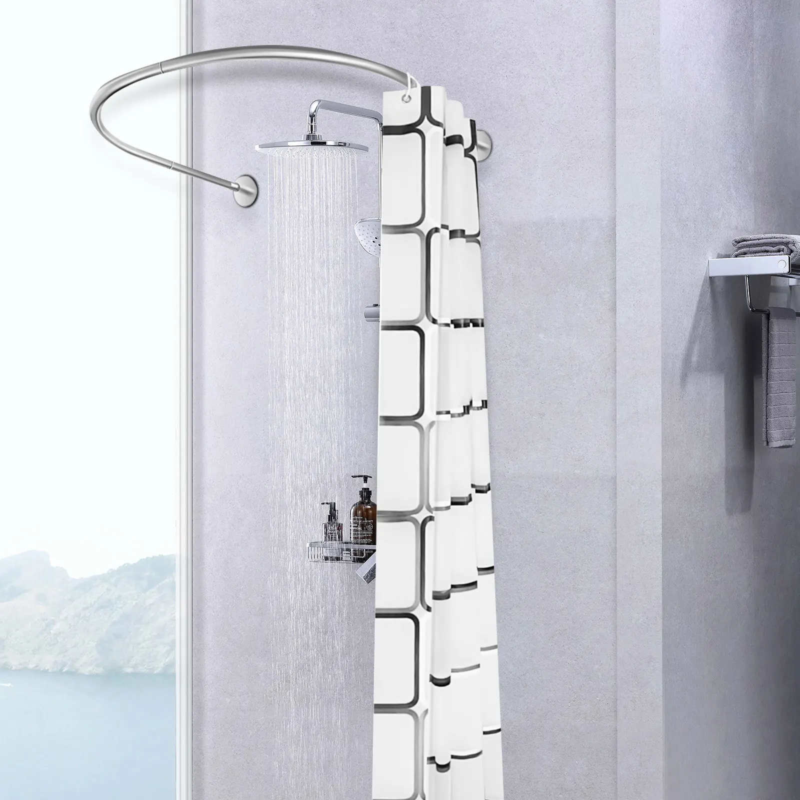 

U-shaped Stainless Steel Rod 0.9-1.3m Adjustable Shower Curtain Rod with 2.4m*1.8m Polyester Curtain for Bathrooms Toilets