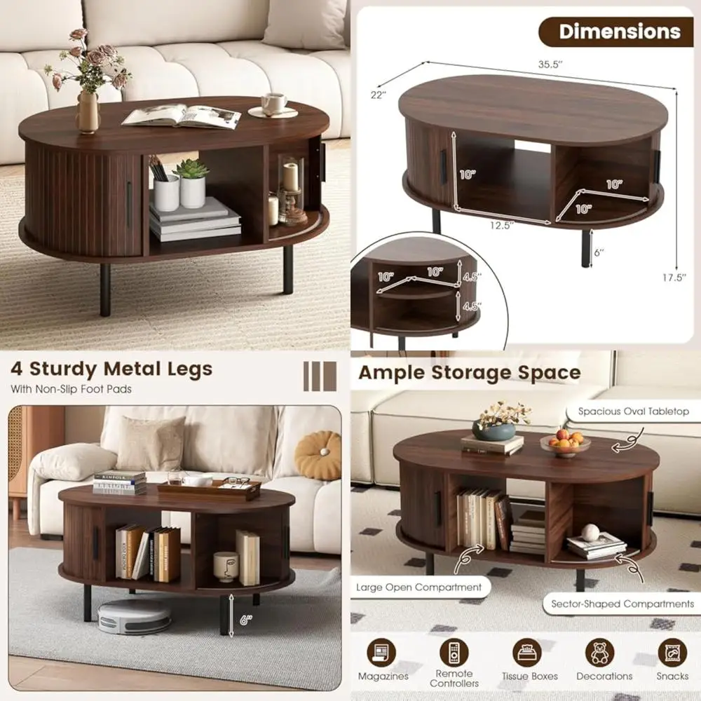 

Mid Century Oval Coffee Table with Sliding Doors, Hidden Storage and Open Compartment