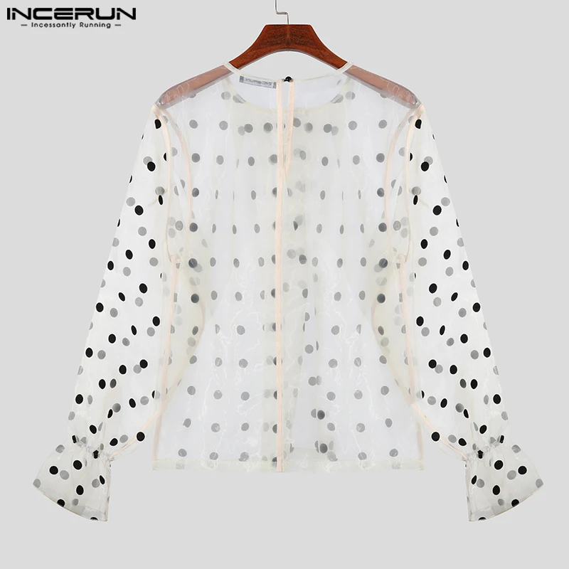 INCERUN Men Shirt Polka Dot Printing O-neck Puff Long Sleeve Mesh Transparent Men Clothing Streetwear 2024 Fashion Unisex Shirts