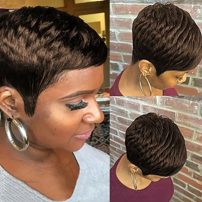 密度150% 4インチ ピクシーカット カールウェーブ 人毛ウィッグ 女性用 フルマシンメイドウィッグ デイリーウェア＆パーティー用