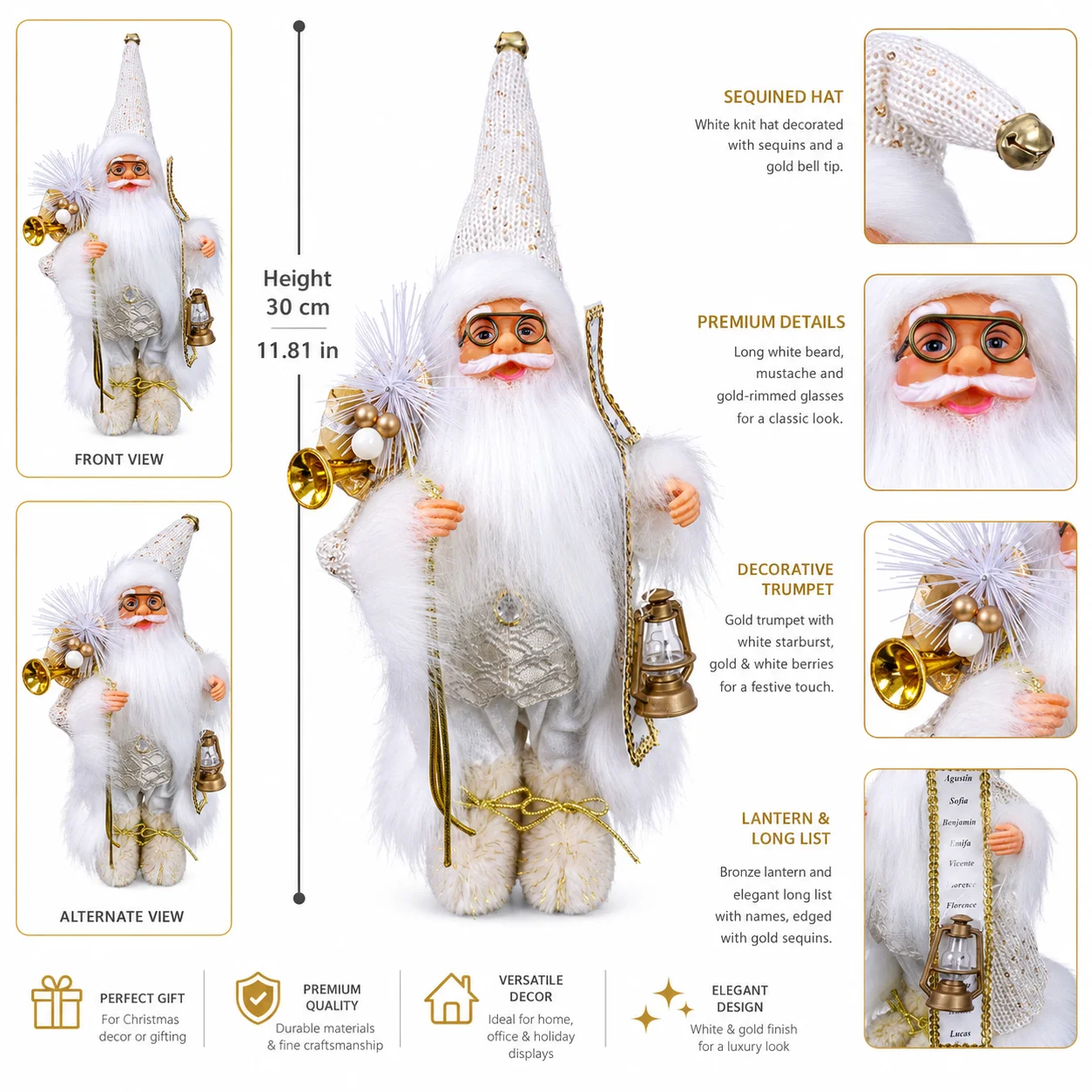 Christmas Santa Claus Decoration 30cm, Elegant White Santa Figurine with Gold Trumpet Lantern Sequined Hat Holiday Table Decor