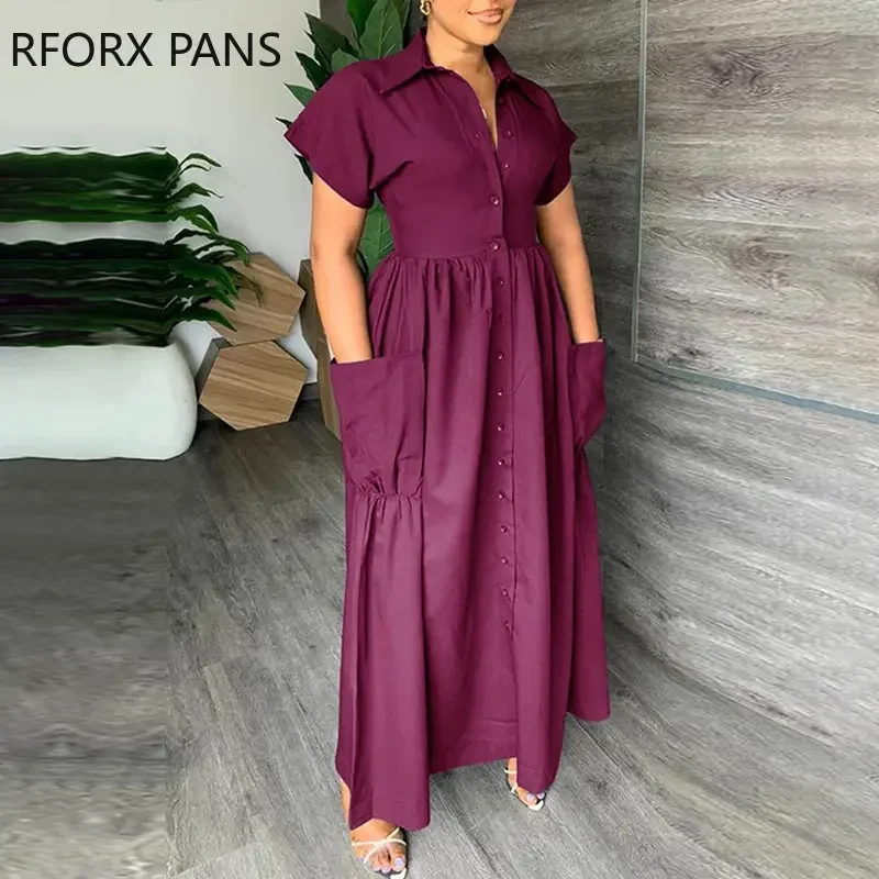 2023 Plus Sizes Women Chic Solid Exaggerate Pocket Turn Down Neck Short Sleeves Button Decor Maxi Casual Shirt Dress