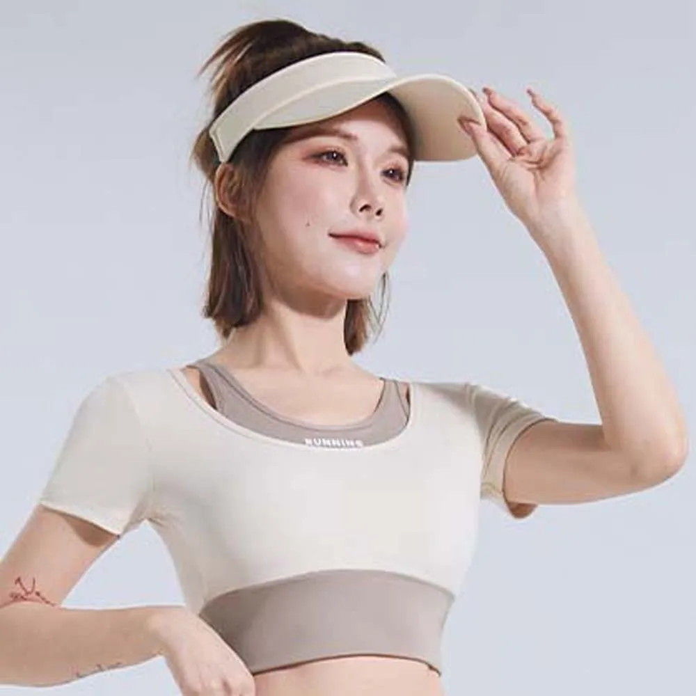 Combined in One Sports Top with Bra Tight Breathable Yoga T-shirt Contrast Color Thickened Plus Size Short Top Women's Clothing