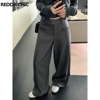 ReddaChic Modern Pleated Front Suit Trousers Women Slant Pockets High Waist Wide Leg Palazzo Pants Work Casual Plus Size Clothes