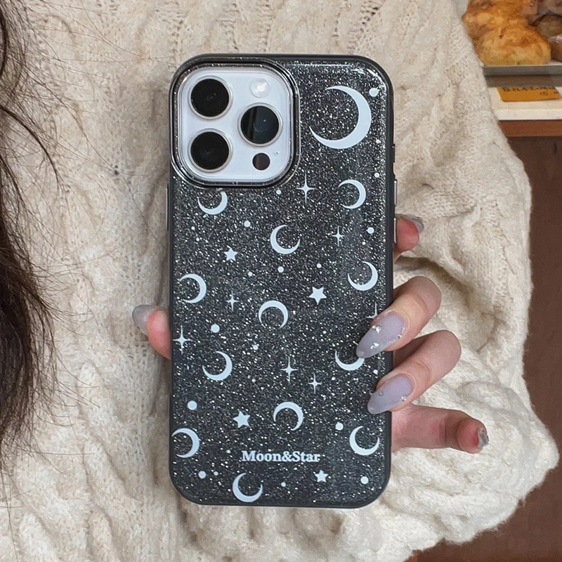 

Stylish Bling Glitter Moon Star Phone Case For iPhone 16 15 13 14 Pro Max Shine Silicone Back Cover