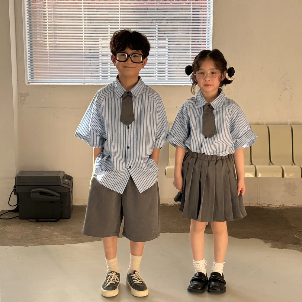 

Korean Summer Siblings Attire Kid Boys Cotton Striped T-shirts+solid Shorts Outfit Casual School Uniform Top Pleasted Skirt Suit
