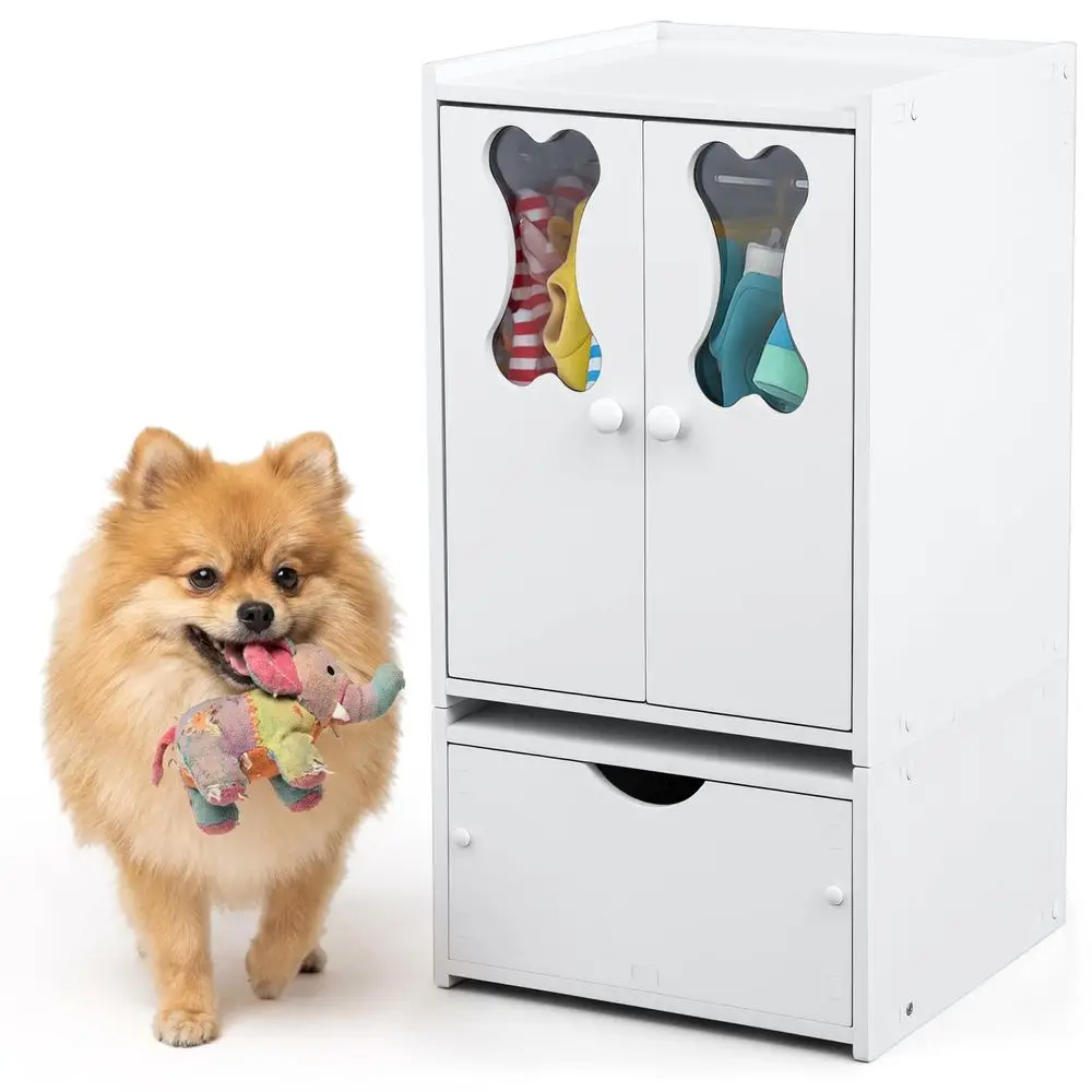 

Шкаф-гардероб для домашних животных 22.84 x 12.99 x 12.6 дюймов, органайзер для хранения игрушек и одежды для собак с дверцами и телескопической штангой для подвешивания