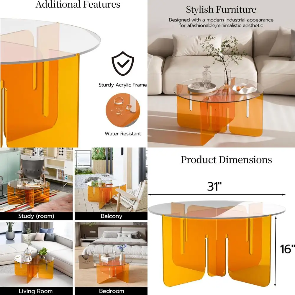 

Modern 31x16 Acrylic Round Coffee Table for Living Room, Balcony, Coffee Corner, Office Lounge