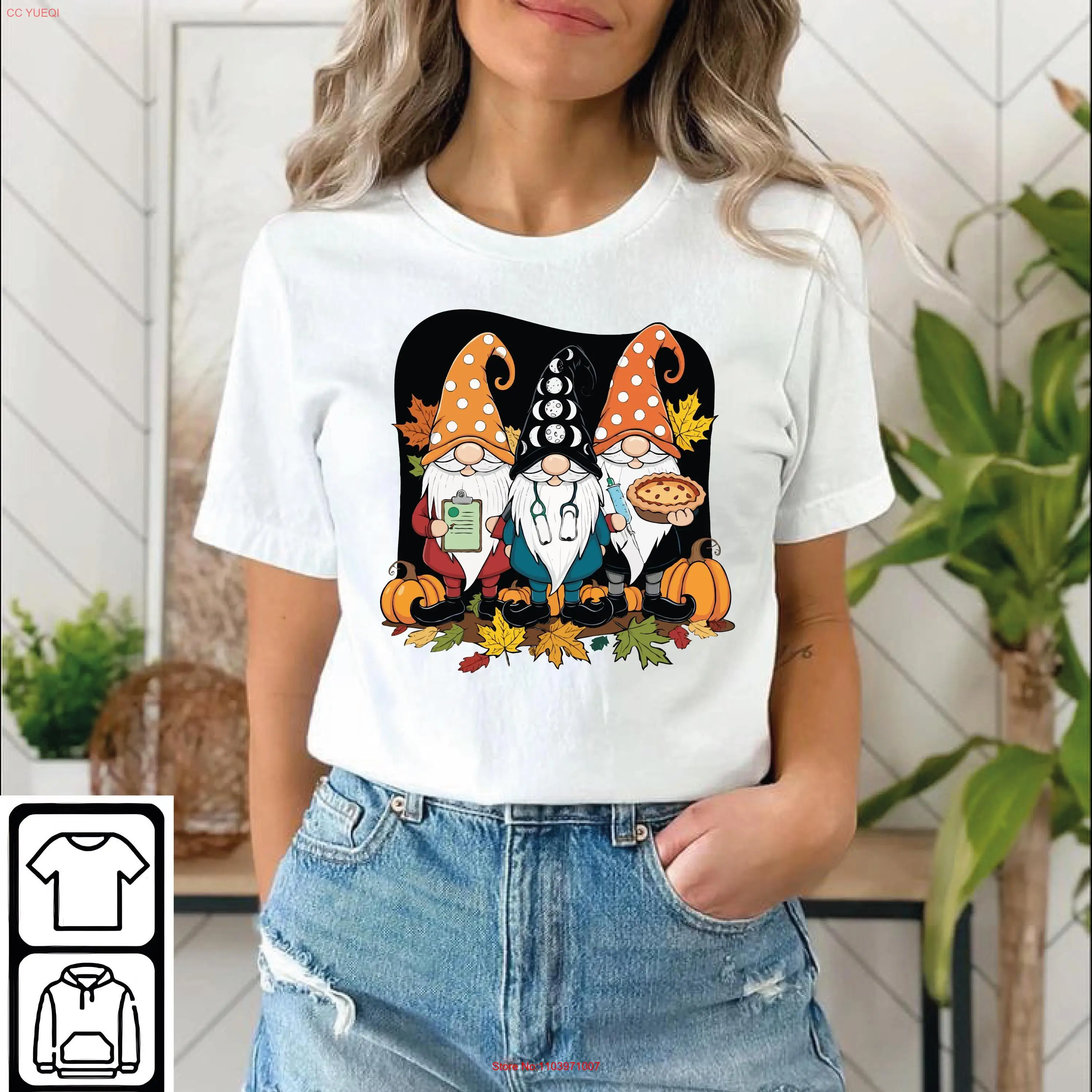 Осенний скраб-топ на День Благодарения, женский милый свитер с гномами, футболка с длинными или короткими рукавами