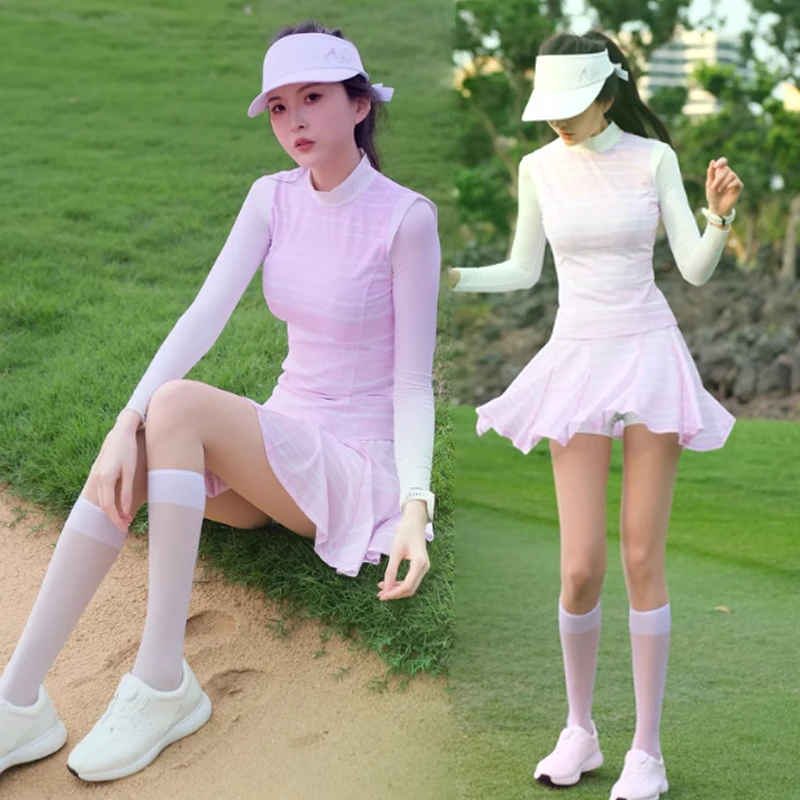 mg-korean-golf-clothing-printed-sleeveless-shirt-ladies-stand-collar-tank-top-breathable-a-lined-sports-skirt-pleated-golf-skort