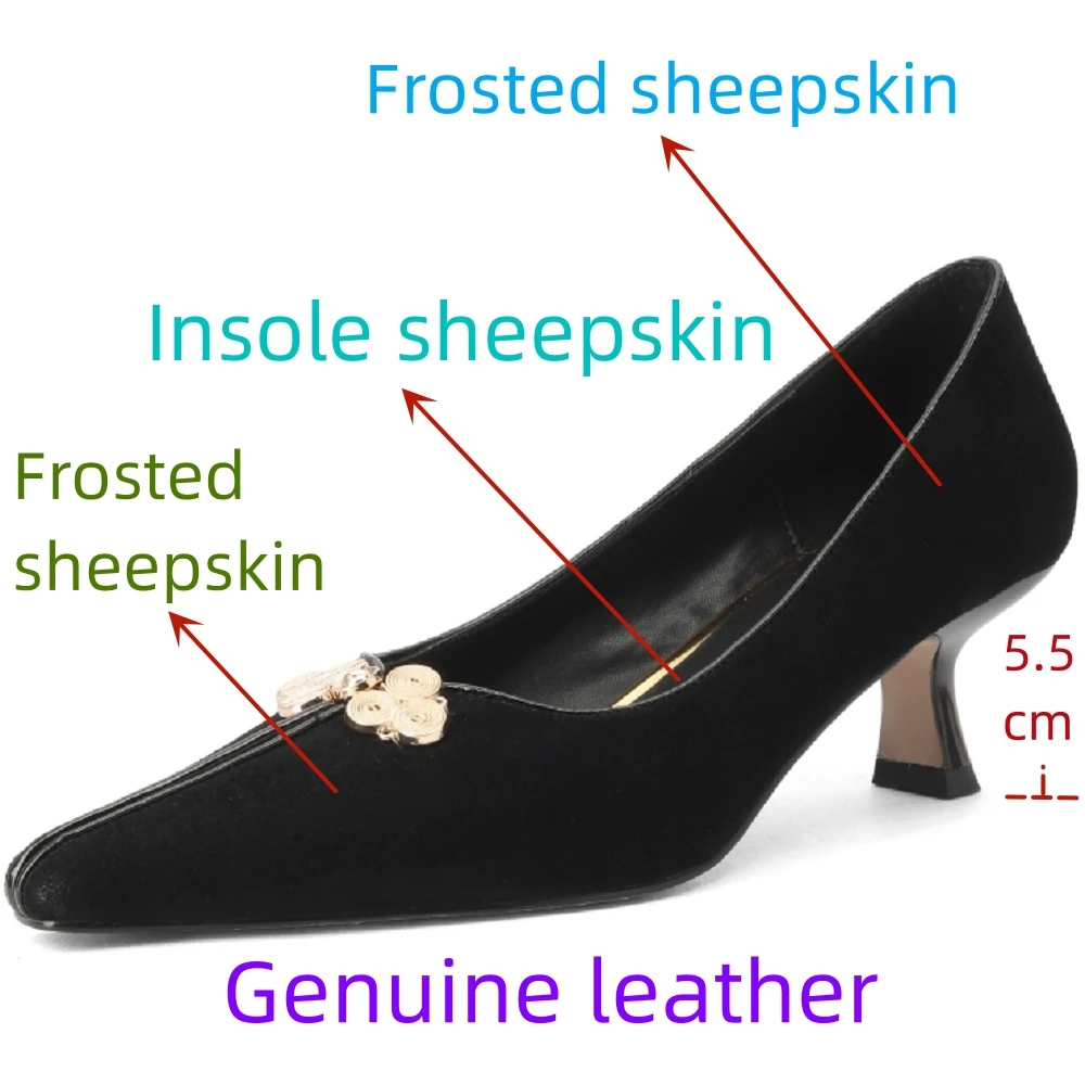 【JOCHEBED HU】Fashion Women Brand Genuine Leather Shoes Pumps Low Metal High Heels Ladies Work Dress Shoes 33-40