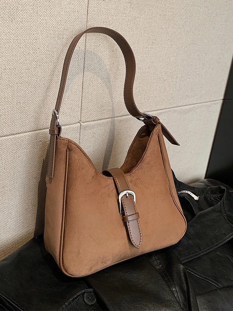 Autumn Winter Women Suede Shoulder Underarm Bag 2023 Popular Commuting Bucket Pack Trendy Ladies Crossbody Bag