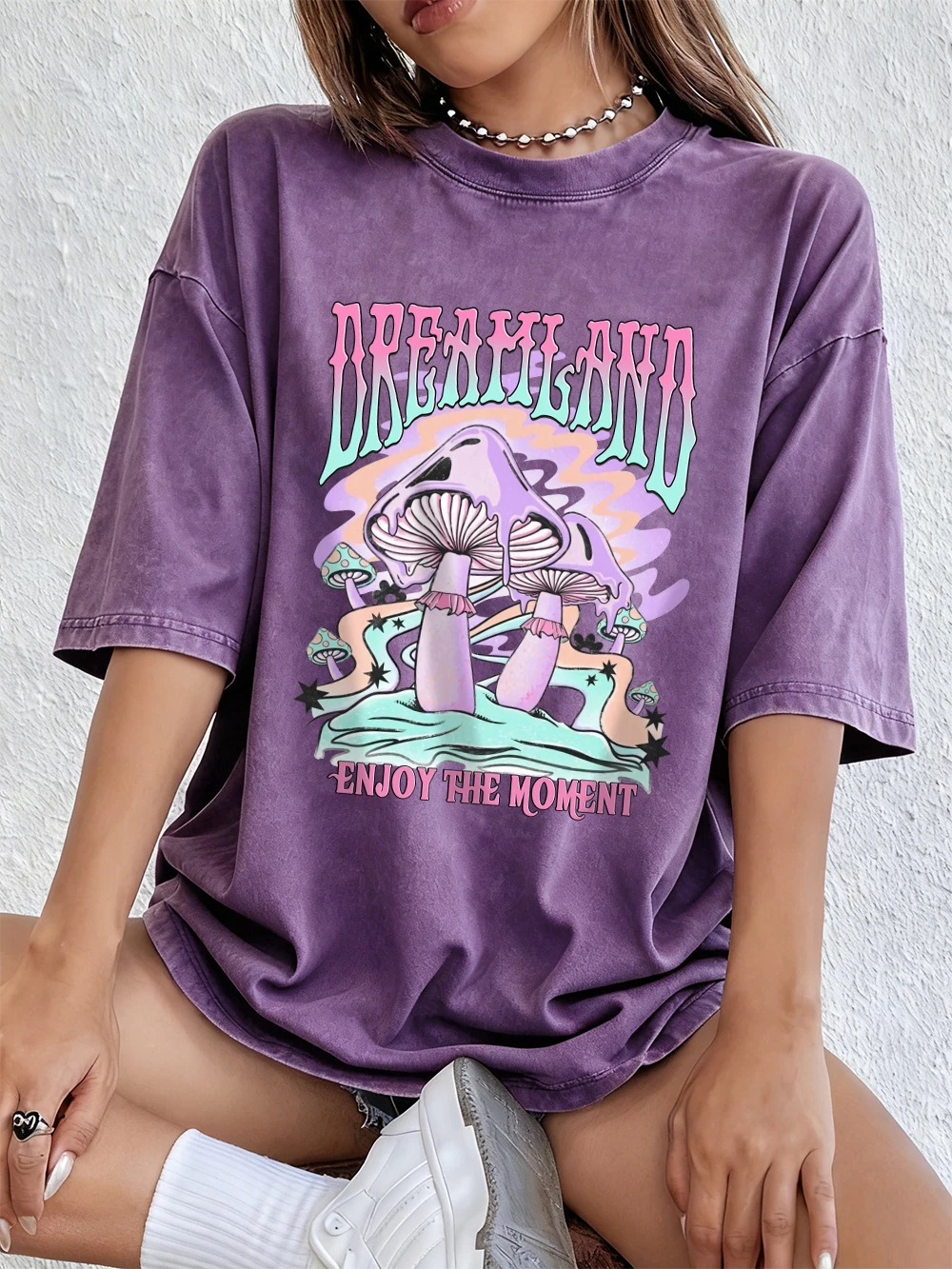 دريم لاند الفطر يطبع غسلها تي شيرت المرأة القطن المعتاد تي شيرت عادية لينة قصيرة الأكمام بلايز الصيف س الرقبة الملابس