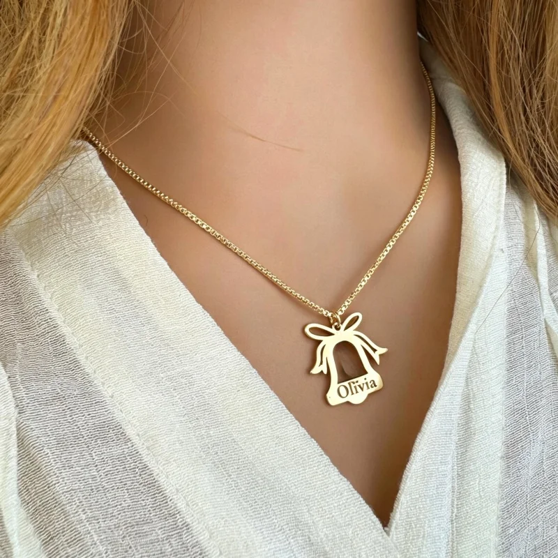Custom Bell Shape Name Necklace for Women Personalized Bow Nameplate Pendant Stainless Steel Holiday Jewelry Gift