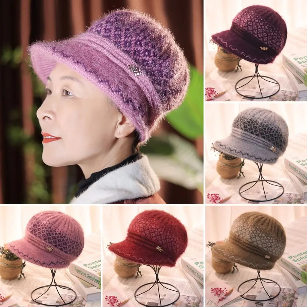 Casual Soft Plush Knitted Hat Keep Warm Thickened Mom Hat Short Brim Windproof Beanies Hat for Women Girl