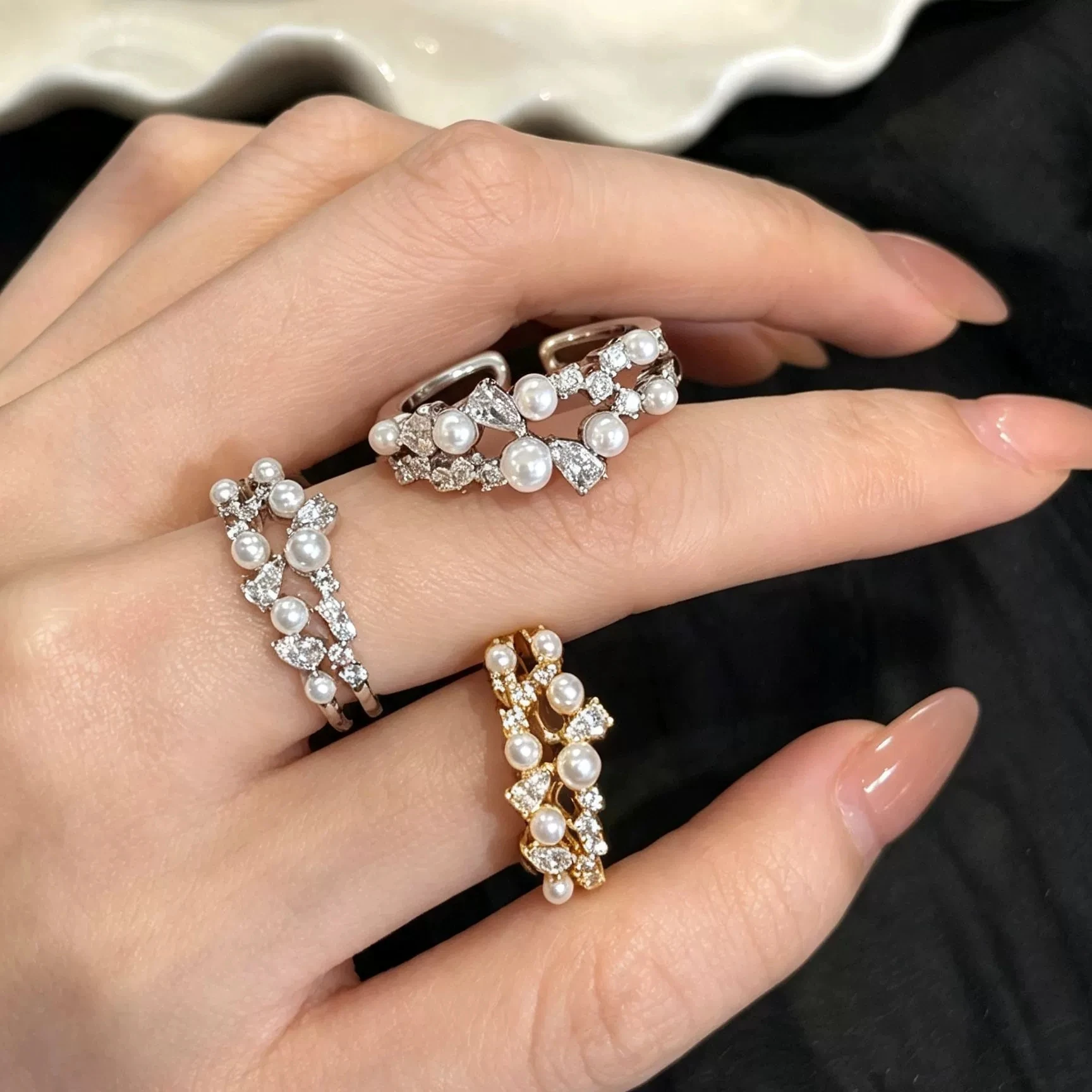 XIYANIKE Double Layer Pearl Zircon Bowknot Adjustable Finger Rings For Women Girl Sweet Fashion New Jewelry Gift Party Anillos