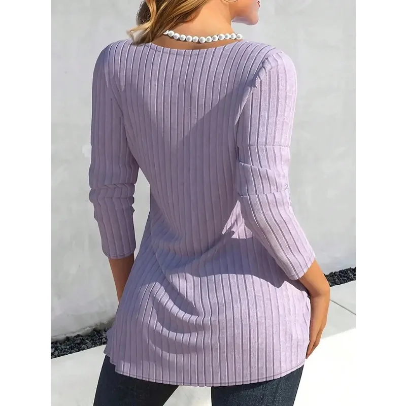 حجم كبير المرأة الجديدة تي شيرت Ruched الخامس الرقبة طويلة الأكمام Ruched طباعة عادية الأساسية موضة الخريف المحملة القمم