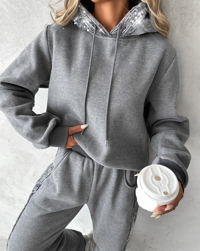 

Two Piece Set Women Outfit 2024 Autumn Fashion Contrast Sequin Long Sleeve Hooded Sweatshirt & Pocket Design Sweatpants Set