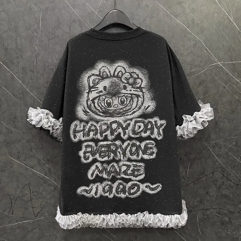 2025 Zomer Nieuwe Cartoon Medium En Lange Mesh Splicing Korte mouwen T-shirt Jurk vrouwen Losse Casual Veelzijdige Top truien