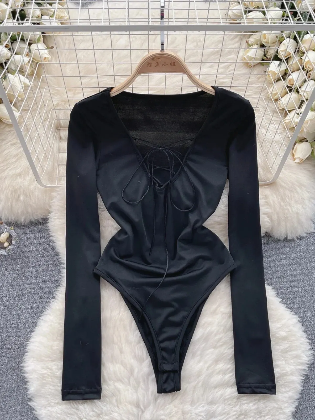 

Foamlina 2025 New Bodycon Long Sleeve Bodysuit Women Black Lace-up V Neck Tight Fit for Spring Autumn Club Party Night T-shirt