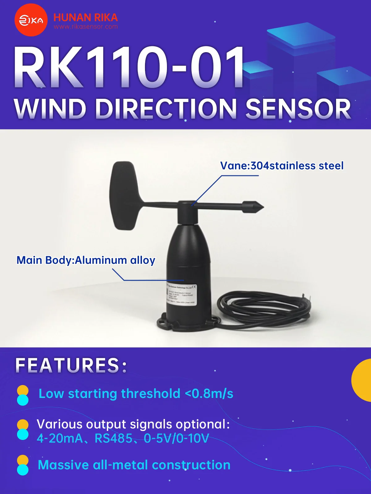 

RIKA RK110-01 Factory Price Electronic Wind Direction Vane Sensor For Weather Monitoring