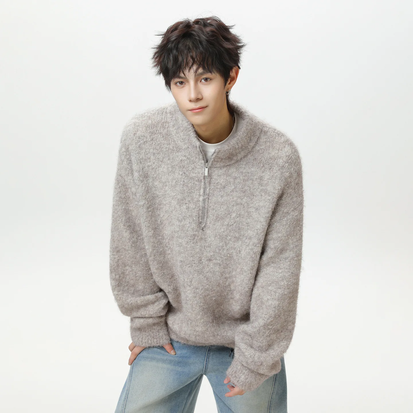 

Мужской свитер 2022, осенне-зимний свитер в японском стиле в стиле ретро, мужской свитер с воротником-стойкой на молнии, толстый теплый пуловер с напуском, куртка