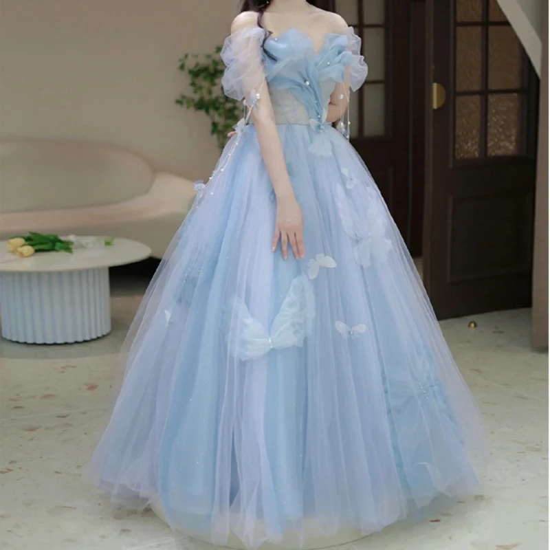 

Sweet Solid Exquisite Slash Neck Beading Bow Spaghetti Straps Princess Dresses Temperament A-line Ball Gown Fairy Luxury Vestido