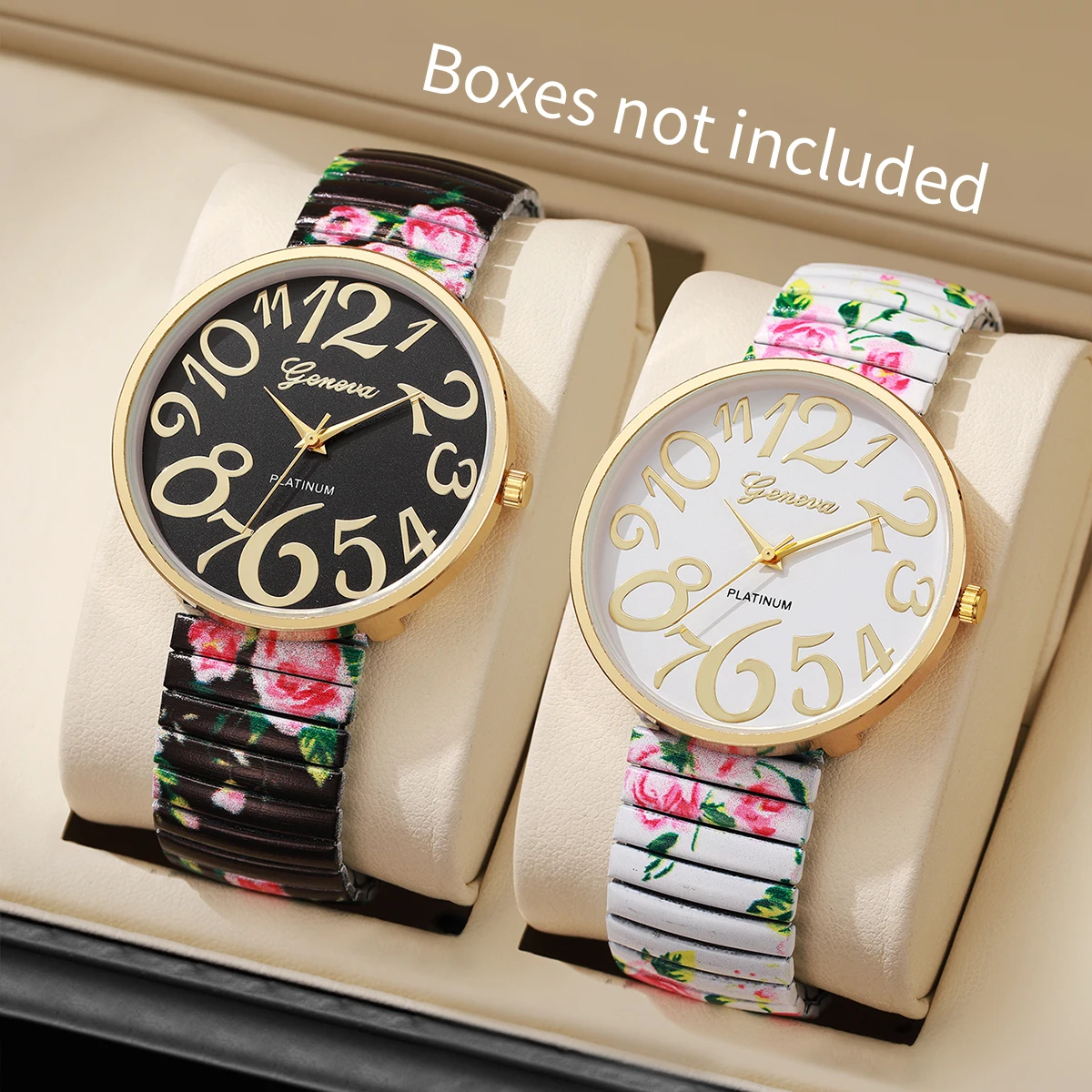 2pcs/set Women's Watch Fashion Printed Elastic Band Exquisite and Versatile Digital Dial Quartz Watch Combination Set No Box