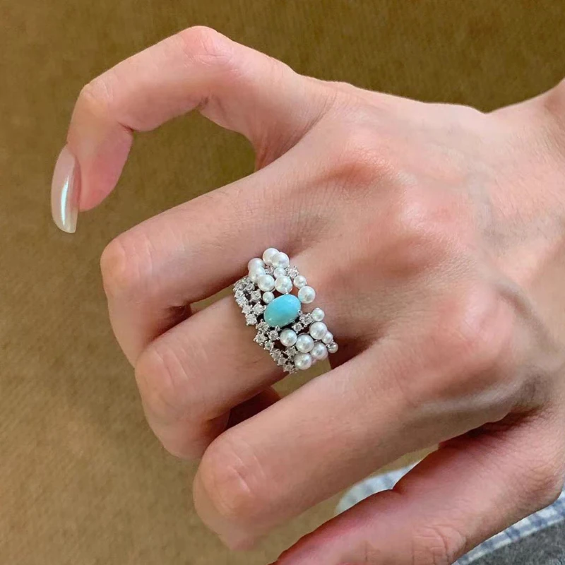 silver 925 vintage diamond inlaid pearl turquoise ring light luxury high-end romantic rings for women fashion jewelry gifts